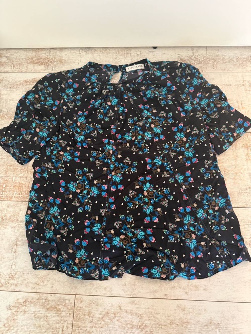 Altuzarra Black Floral Short-Sleeve Keyhole Blouse with Blue and Pink Accents